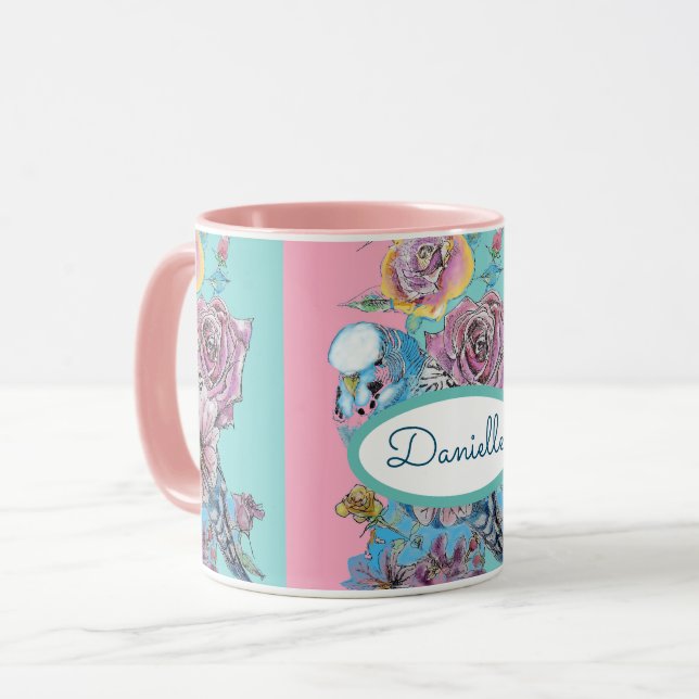 Taza Blue Budgie Bird Rosa Floral Pink Aqua Mug (Anverso izquierdo)