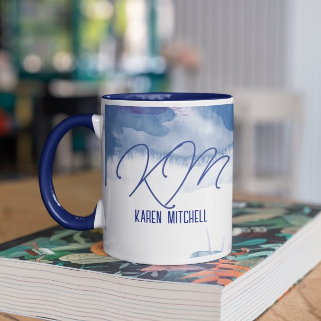 Taza Blue Coffee Mug Monogrammed Watercolor Azul (name and blue watercolor)