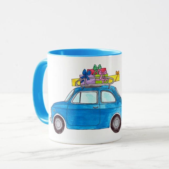 Taza Blue Fiat 500 con Navidades Regalos acuarela (Anverso izquierdo)