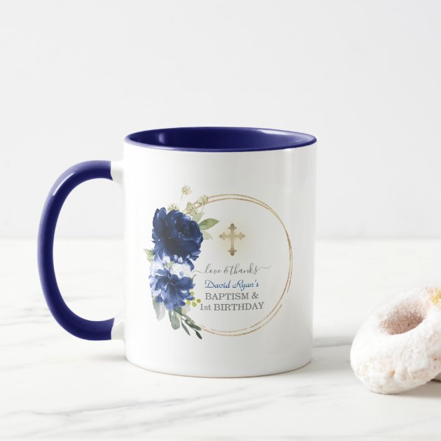 Taza Blue Floral Gold Boy Primer bautismo de cumpleaños (Con donut)