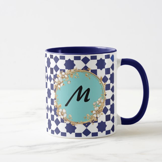 Taza Blue Geometric Pattern Mug with Gold Floral Circle (Derecha)