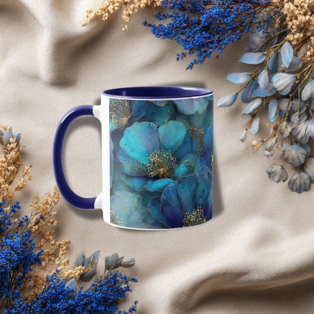 Taza Blue Gold Abstract Watercolor Florines (Blue gold Abstract Floral Coffee Mug gift for her. )