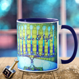 Taza Blue Green Hanukkah Menorah Peace Love Light Cita