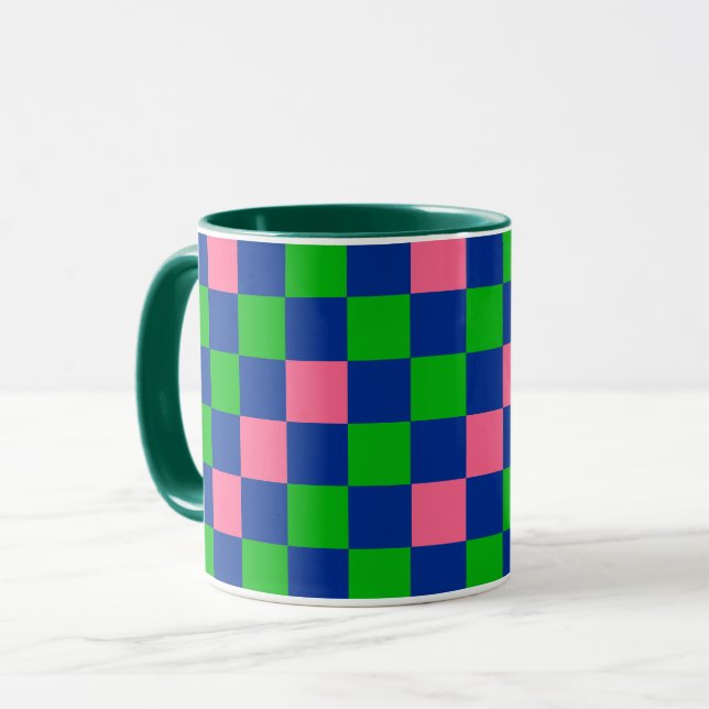 Taza Blue Green Pink Checkered Pattern Design  (Anverso izquierdo)