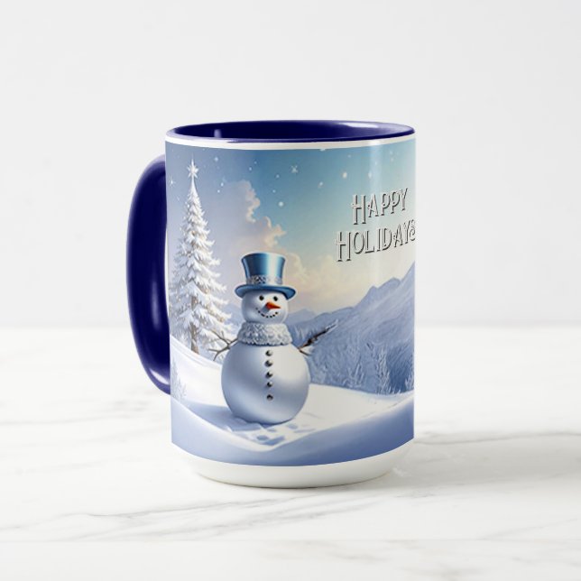 Taza Blue Hat Snowman Christmas Tree Holiday Mug (Anverso izquierdo)