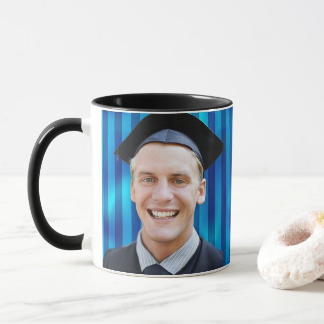 Taza Blue Line Pattern Editable Portrait Men Graduation (Con donut)