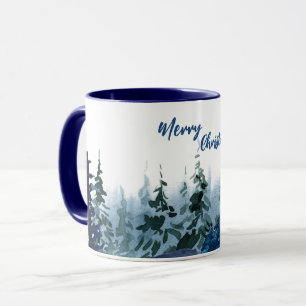 Taza Blue Modern Merry xmas tree forest Rindeer