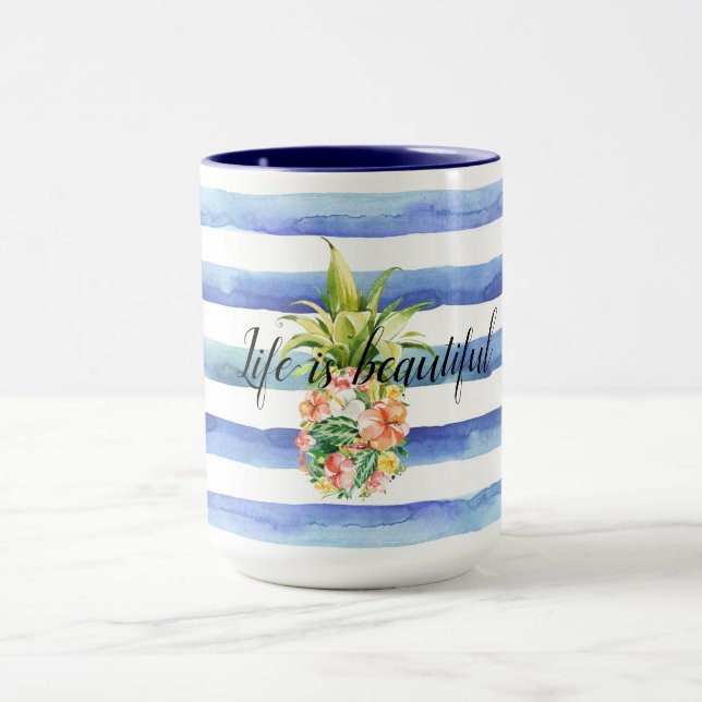 Taza Blue White Stripes Tropical Floral Pineapple (Centro)