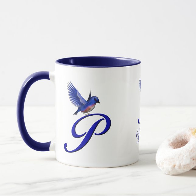 Taza Bluebird Monogram Initial P Elegant Personalized (Con donut)