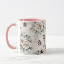 Taza Blush Pink Christmas Pine Cones Floral Monogram