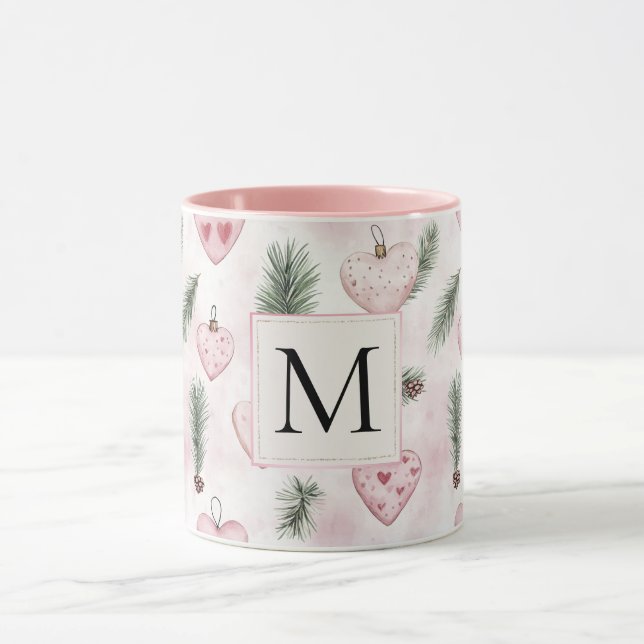 Taza Blush Pink Hearts Christmas Monogram (Centro)