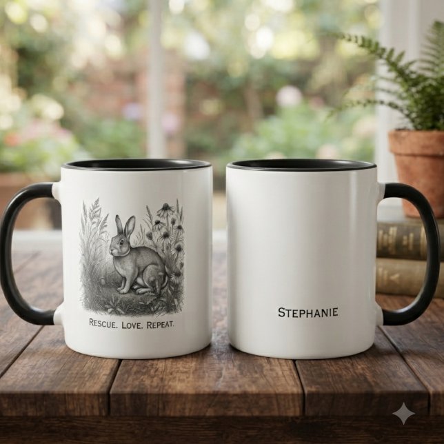 Taza Boceto monocromo conmovedor de rescate de conejos (Monochrome sketch rabbit art for rescue advocates and pet parents honoring their bond.)