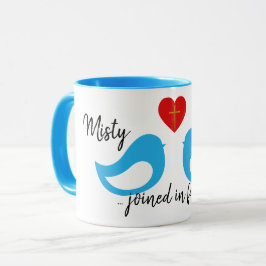 Taza Boda Blue Love Birds Heart con Cross y Names