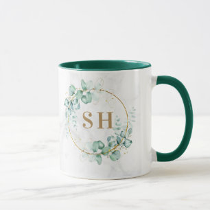 Taza Boda de Monograma de Oro Eucalipto Verde Acuarela 