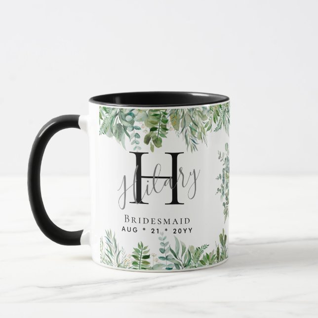 Taza Boda de verde monograma de las damas de honor pers (Izquierda)