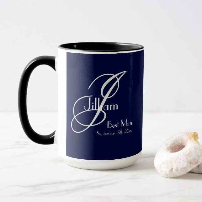 Taza Boda Mejor regalo de hombre Monograma moderno Navy (Con donut)