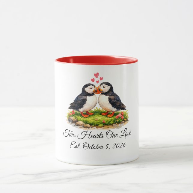 Taza Bodas de frailecillos personalizadas con dos coraz (Centro)