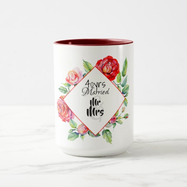 Taza Bodas de Rubí 40 Aniversario Hermosas Rosas Rojas (Centro)