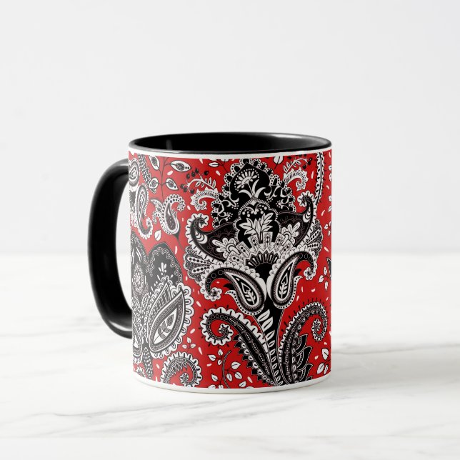 Taza Boho Bohemiano de Paisley floral blanca y negra ro (Anverso izquierdo)
