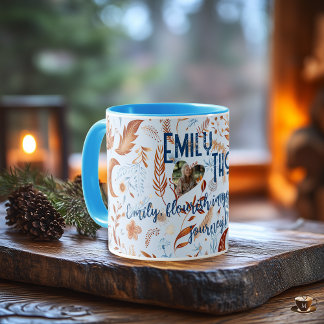 Taza Boho chic floral lunar con hojas de cobre y azul