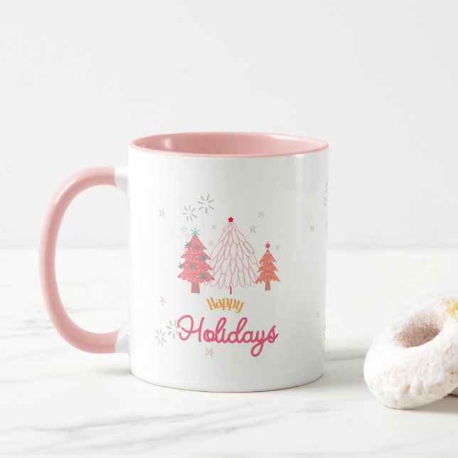 Taza Boho de árbol de Navidad rosa (Con donut)