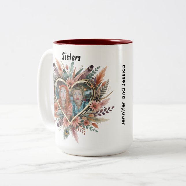 Taza Boho Sister Mug with Floral Heart & Names (Anverso izquierdo)