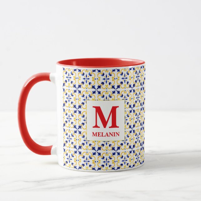 Taza Boho Watercolor Tile Mug – Custom Name & Monogram (Izquierda)