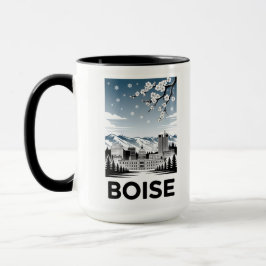 Taza Boise Skyline Black and White Woodcut Winter 