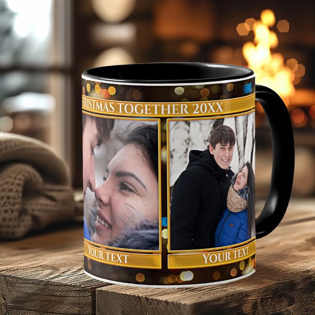 Taza Bokeh Sparkling ilumina 3 fotos Navidades Mug (First Christmas together photo mug featuring a gold and sparkling bokeh lights design)