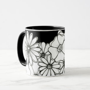 Taza Bolas de café de flores negras y blancas