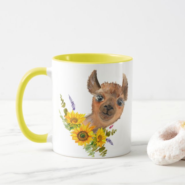 Taza Bonito Alpaca Llama con girasoles Mug (Con donut)
