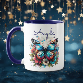 Taza Bonito Azul mariposa y flores personalizadas