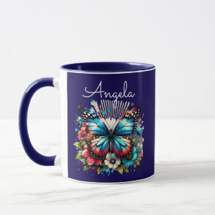 Taza Bonito Azul mariposa y flores personalizadas