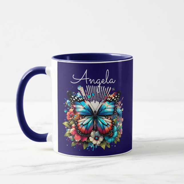 Taza Bonito Azul mariposa y flores personalizadas (Izquierda)