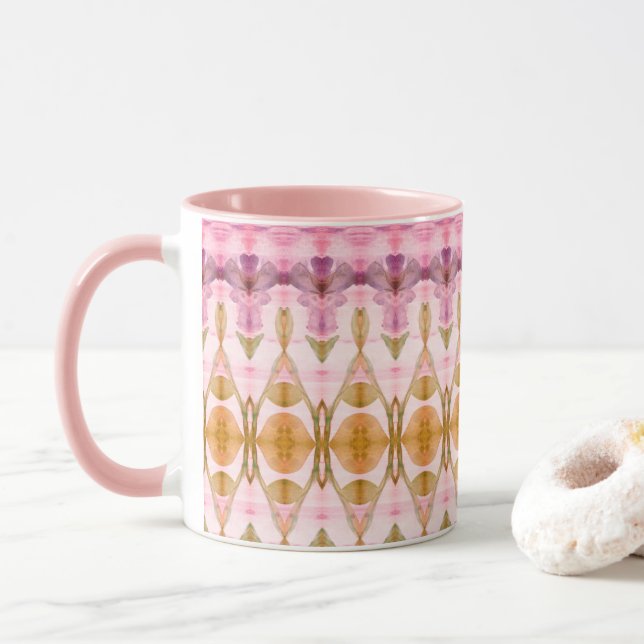 Taza Bonito Café Llenado Rosa Mug con ciruela y oro (Con donut)