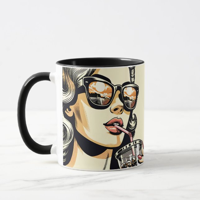 Taza Bonito de historietas de arte pop: Mujer bebiendo  (Izquierda)