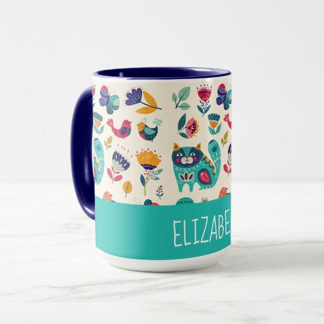 Taza Bonito Presupuestaria Gatos Girly Estilo Arte Folk (Anverso izquierdo)
