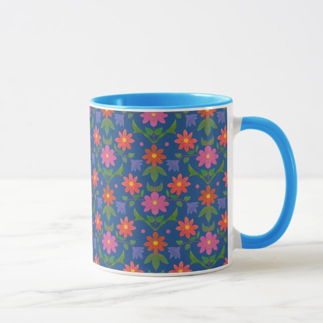 Taza Bonito Rangoli Flores Polka Dot Blue Ringer Mug (Derecha)
