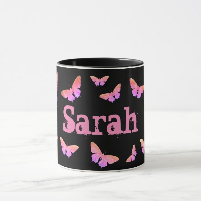 Taza Bonito Rosa Guay Mariposa Pop Art Añadir nombre Sa (Centro)