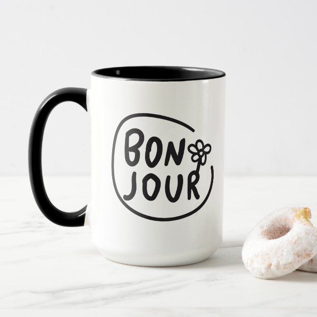 Taza Bonjour Sencillo y moderno saludo francés floral (Con donut)