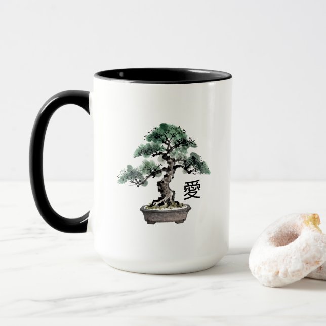 Taza Bonsai Tree Sumi-e Style Japanese Love Calligraphy (Con donut)