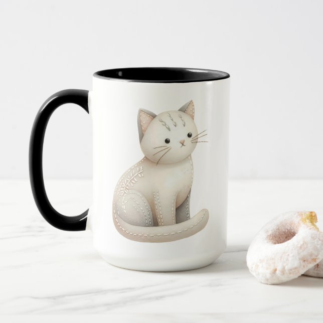 Taza Bordado Beige Kitty Boho Cat Mug (Con donut)