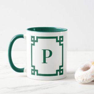 Taza Borde de clave griega verde cazador Monograma