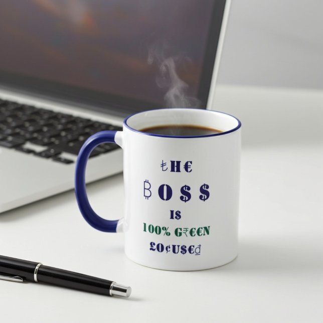 Taza Boss y moneda internacional 100% enfocado al verde (Coffee and finance with the boss)