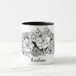 Taza Botánica floral blanca negra con nombre