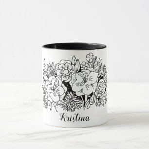 Taza Botánica floral blanca negra con nombre