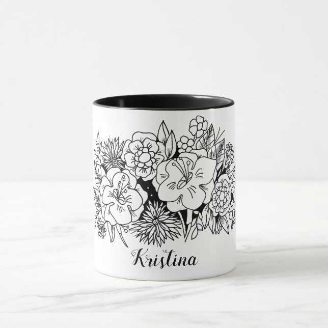 Taza Botánica floral blanca negra con nombre (Centro)