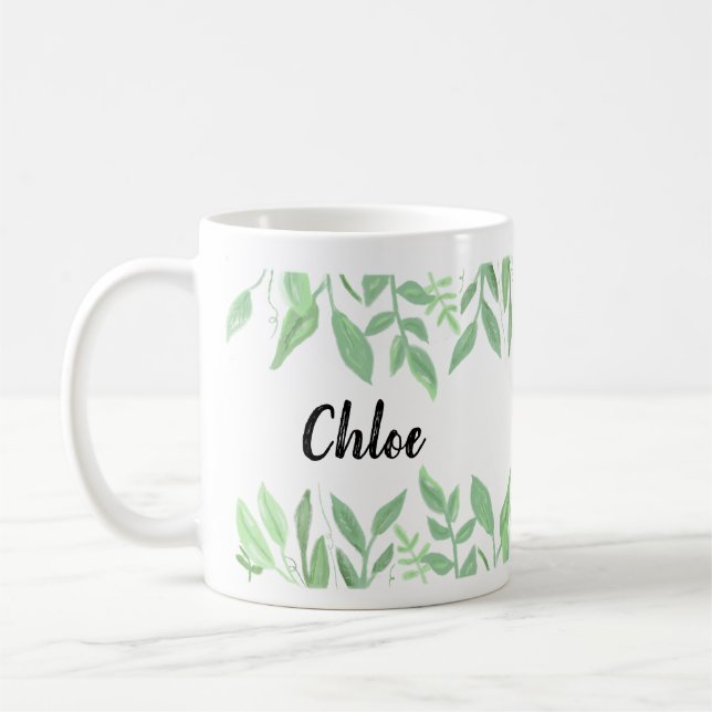Taza botánica linda del nombre de la acuarela (Izquierda)