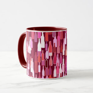 Taza Botellas de vino, tonos ciruela, fondo burdeos