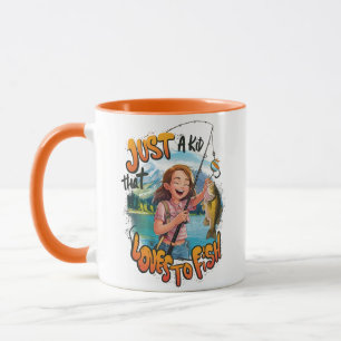 Taza Bountiful Catch: Joven Chica con pescado y pesca